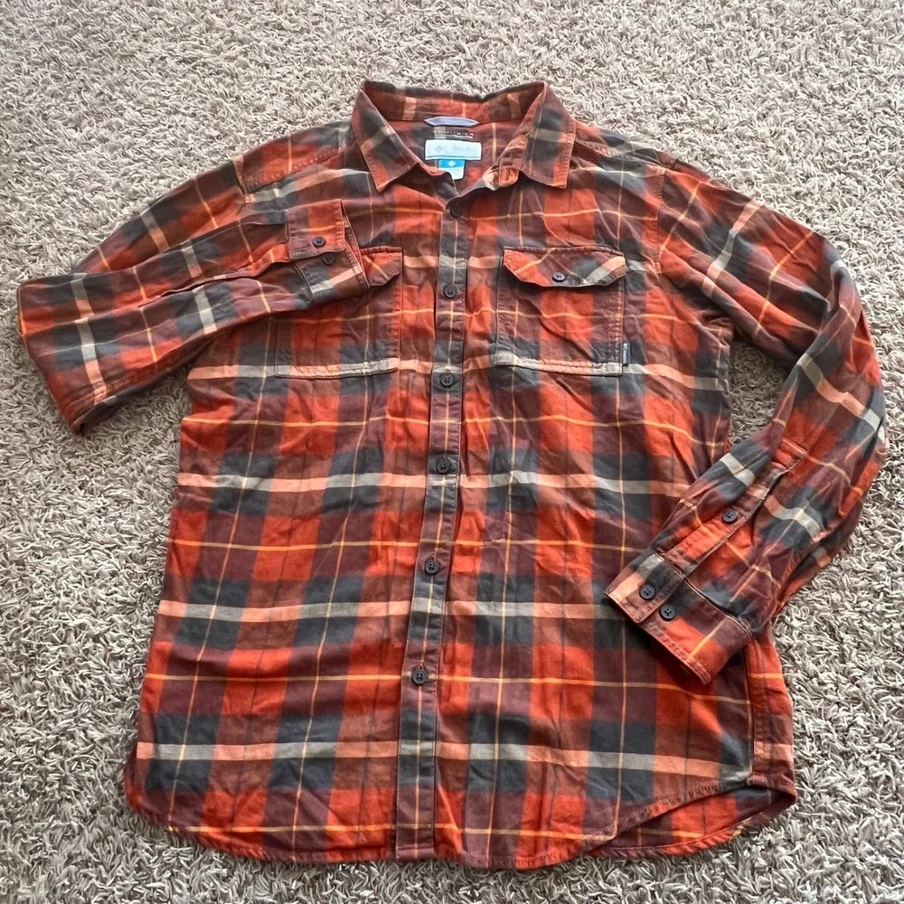 Columbia Omni-Wick Plaid Flannel Long Sleeve Button Up Shirt Men's Size L Orange